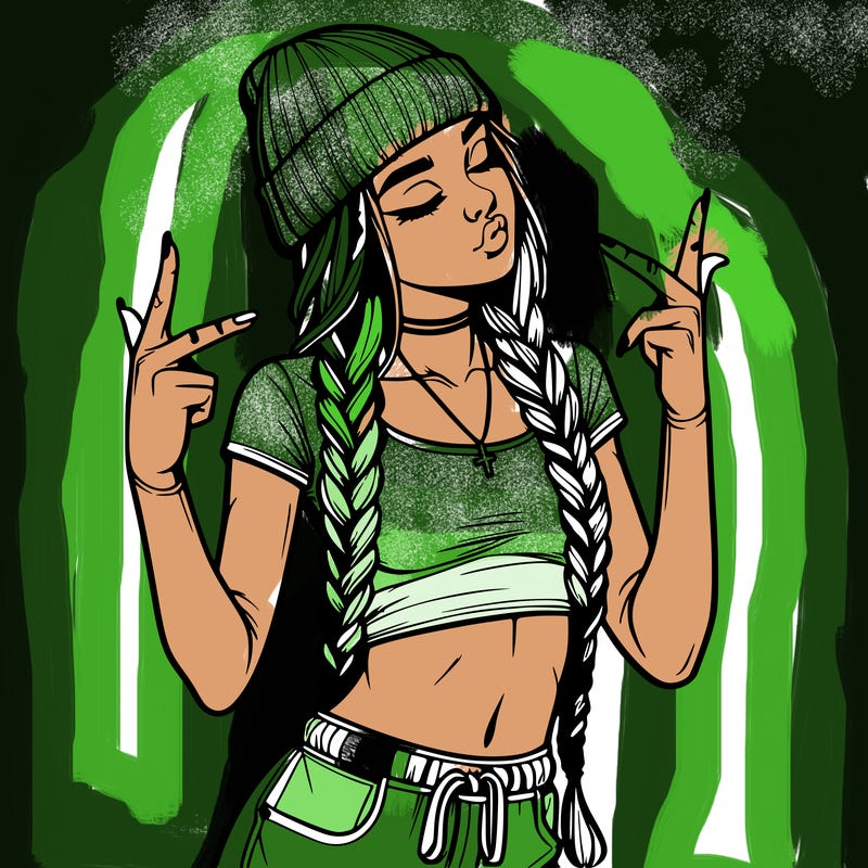 realistic teenage girl with braids and a beanie and crop top doing 🫶🏼