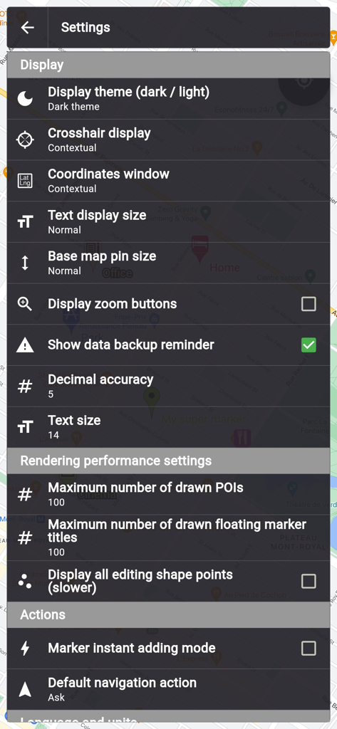 Menú de configuración de la aplicación Map Marker que muestra opciones de visualización y rendimiento en tema oscuro