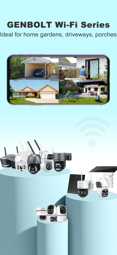 GENBOLT security cameras and mobile app interface with multi-camera view