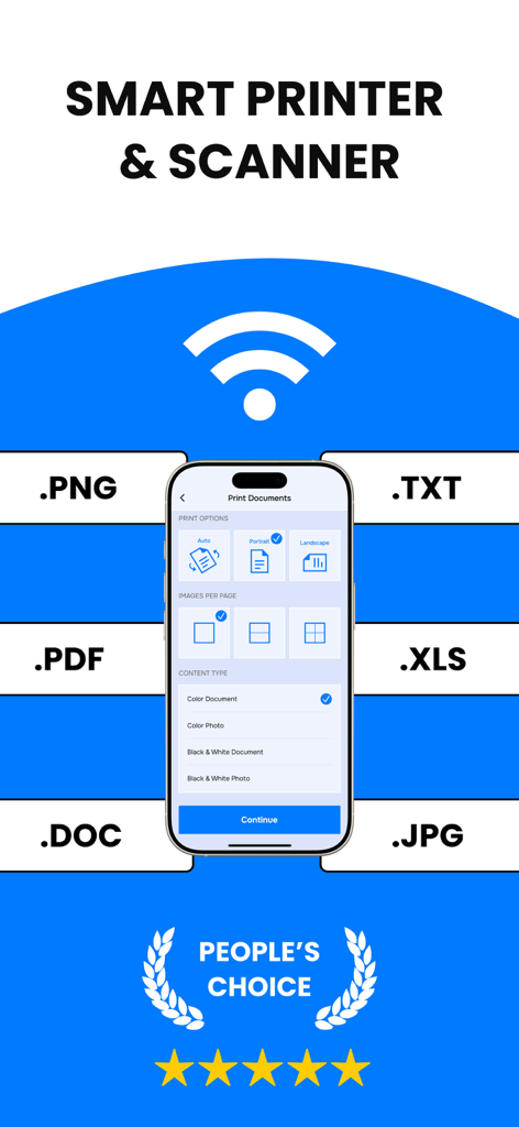AI Smart Printer & Scanner App - Smartphone interface showing print options and various supported file formats like PDF and DOC