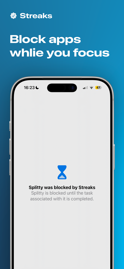 Streaks: Daily Habit Tracker - Una pantalla de teléfono móvil que muestra la aplicación Streaks bloqueando una aplicación distractora para ayudar al usuario a mantener el enfoque en sus objetivos diarios.