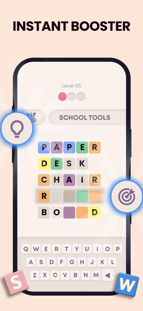 Word Wise Association Game interface showing a word puzzle level for School Tools with found words like paper and desk and instant booster icons.