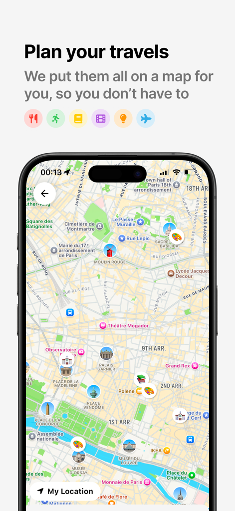 Albo: Save & Organize - Smartphone screen showing the Albo app map feature with various pinned locations in Paris for travel planning.