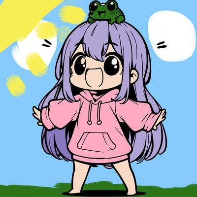 a excited chibi girl whith long hair and a baggy shirt whith a frog on there head