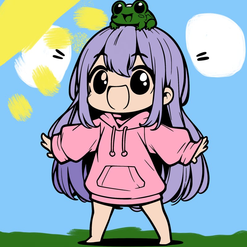 a excited chibi girl whith long hair and a baggy shirt whith a frog on there head