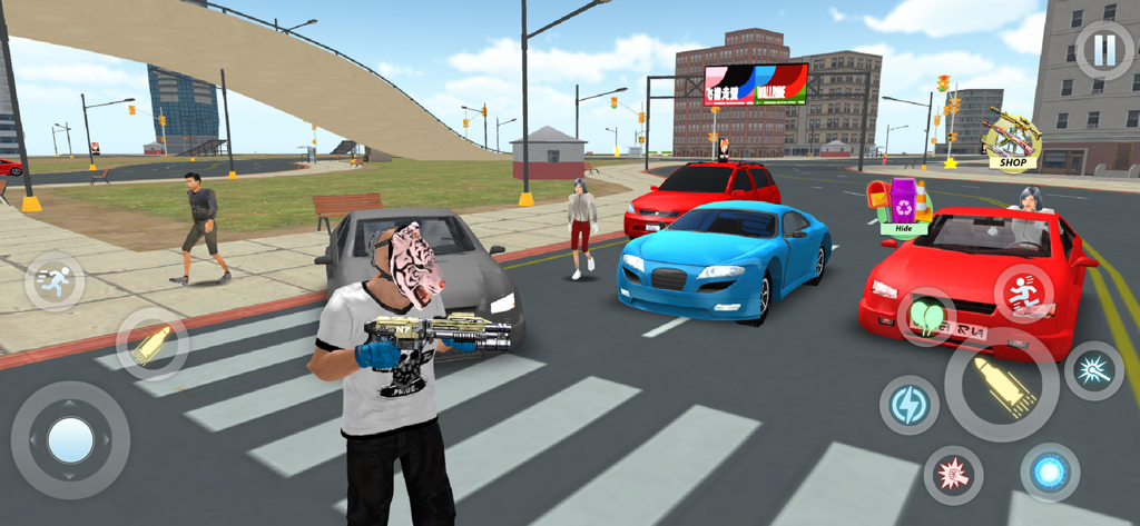 Gangster Vegas Crime Town Game - オープンワールドの街の通りにスポーツカーが並ぶ中、ゴールデンウェポンを持ったタイガーマスクのキャラクター