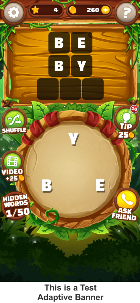 Word Jungle game screenshot showing a word connect level with letters B Y and E on a jungle themed interface