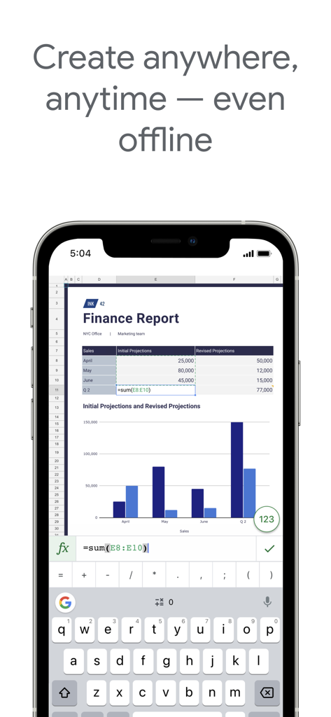 Google Sheets app on an iPhone showing a finance report with a bar chart and spreadsheet editing