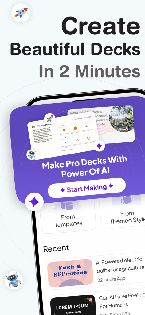 Smartphone screen showing the Beautiful AI Slides app interface with a call to action to create professional decks in two minutes using AI