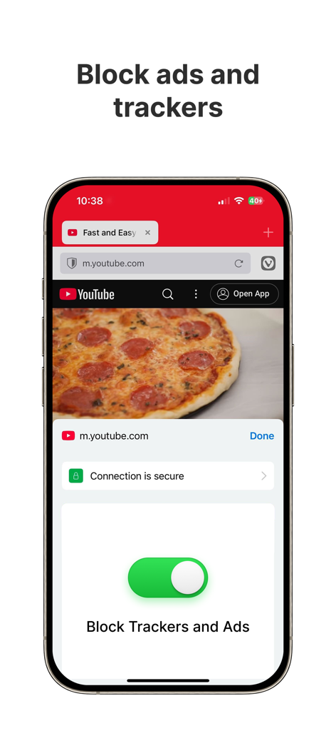 Vivaldi Powerful Web Browser - iPhone screenshot of Vivaldi browser with the block trackers and ads toggle enabled.