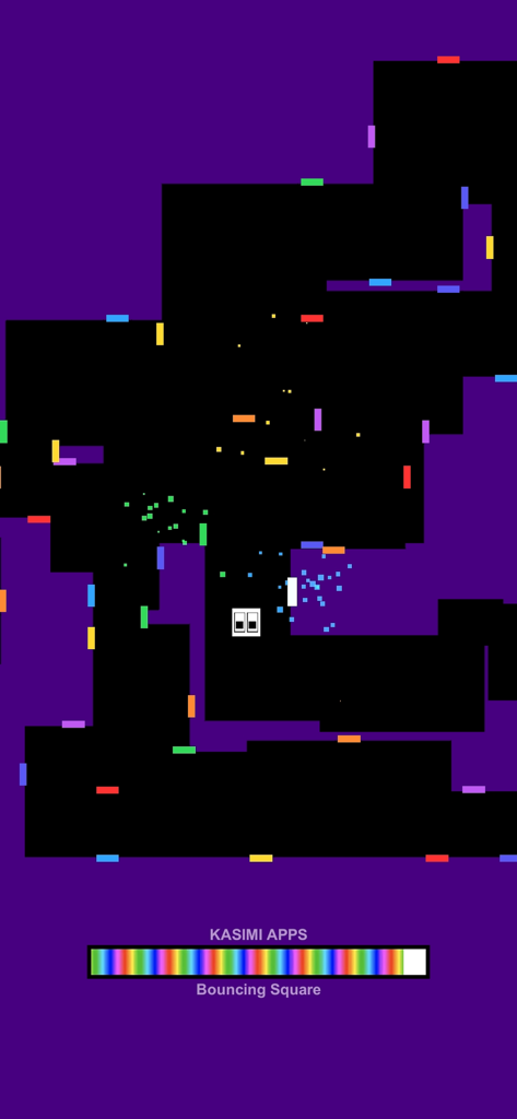 Bouncing Square: Music Dash - A minimalist white square navigating a dark path with colorful rhythmic elements