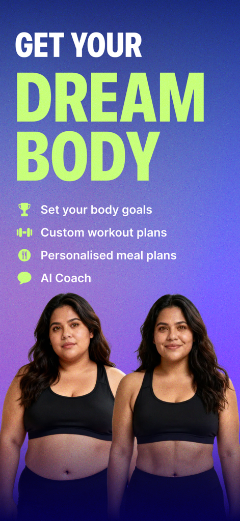Dream Body: Start Today - La app Dream Body mostrando una transformación de fitness visual con funciones de plan de entrenamiento y comidas personalizado