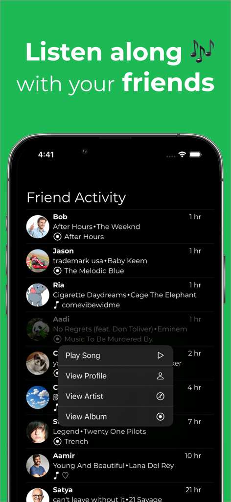 Mobiler Feed der FriendActivity-App, der zeigt, was Freunde auf Spotify hören