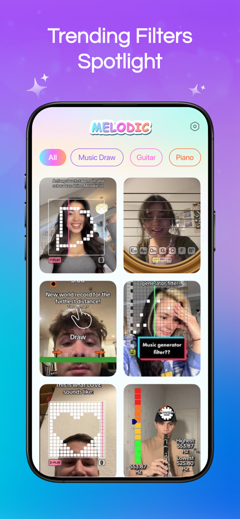 Melodic: Music Draw & Painter - Melodic app screen showing a grid of trending music draw and instrument filters with user face-cam video previews