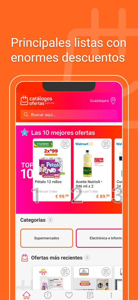 Catálogos y ofertas de México - Tela principal do aplicativo Catálogos e ofertas do México com listas de descontos e ofertas de supermercados