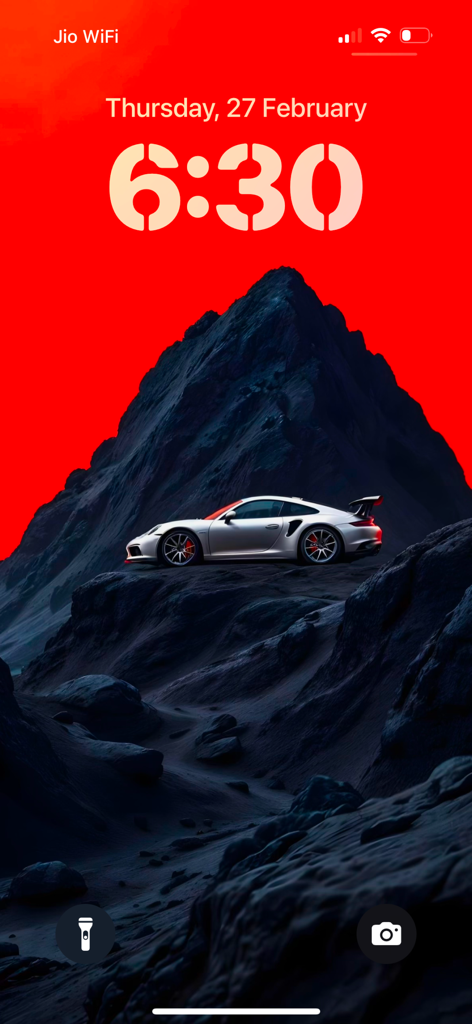 Lagguy Wallpaper Background - iPhone lock screen featuring a high-quality silver sports car on a dark mountain with a vibrant red sky background