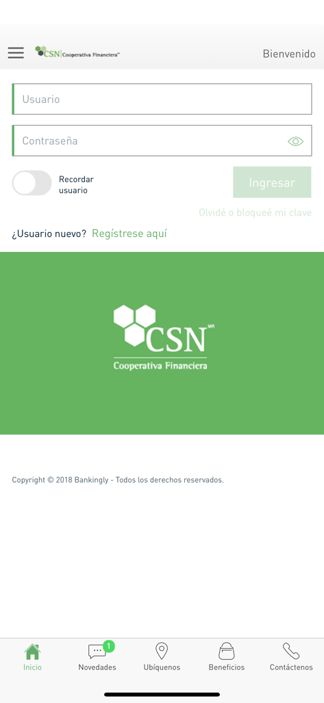 CSN Móvil - Pantalla de inicio de sesión de la banca móvil CSN Movil con campos para nombre de usuario y contraseña