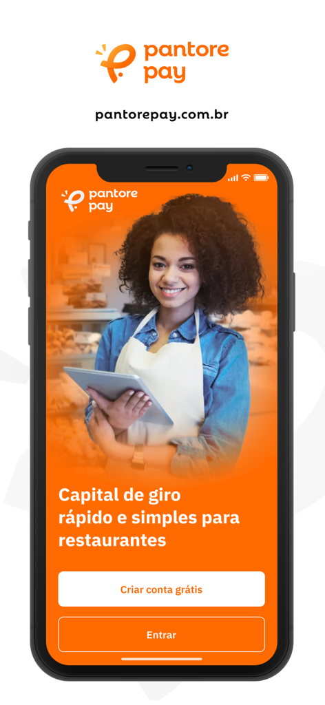 Pantore Pay - Pantore Pay mobile app welcome screen for restaurant working capital featuring a female owner holding a tablet.