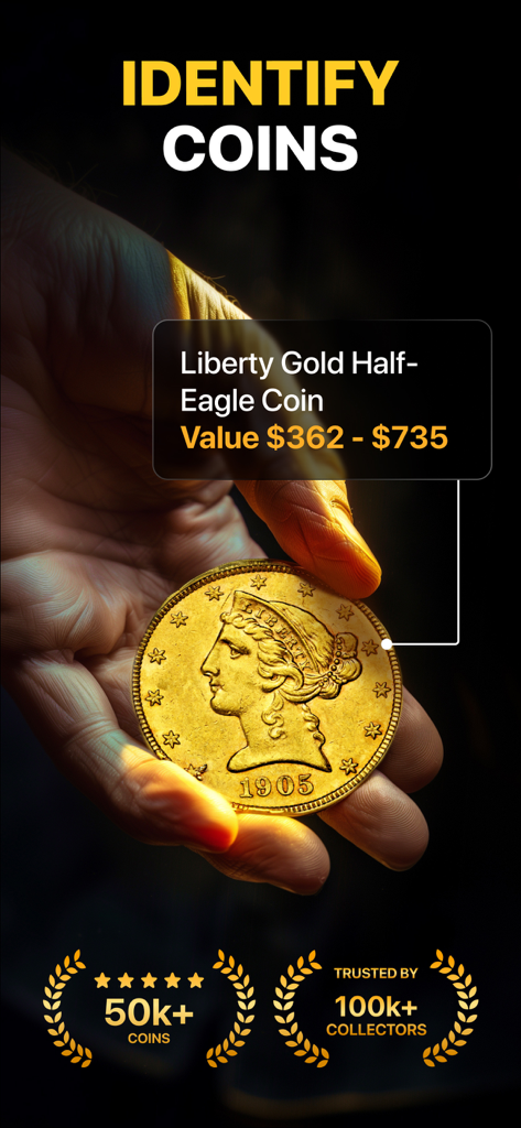 AI Coin identifier - AI Coin Identifier app identifying a rare 1905 gold coin and its estimated value