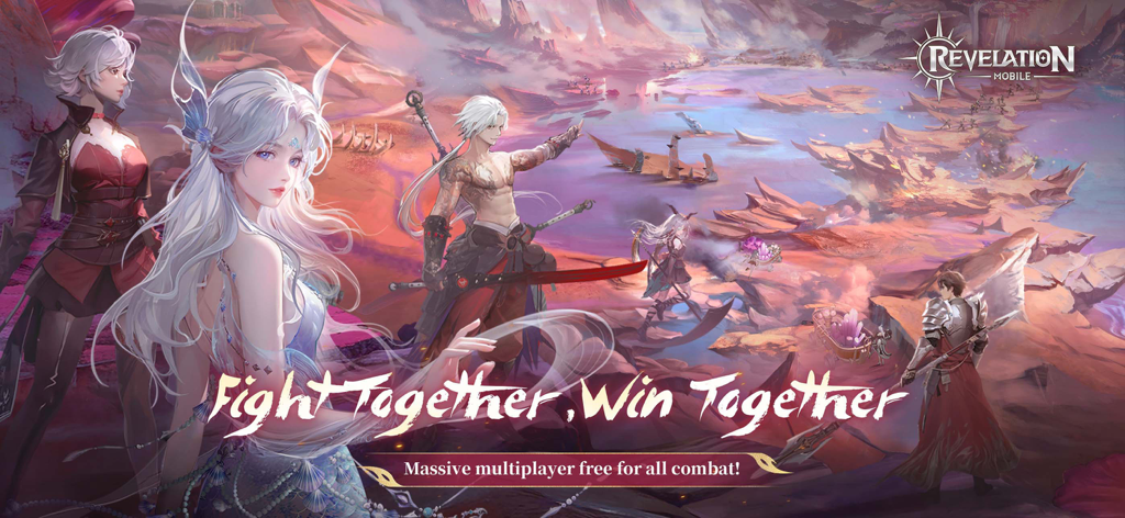 Revelation M - Personajes diversos de estilo anime en un mundo de fantasía escénico de Revelation M