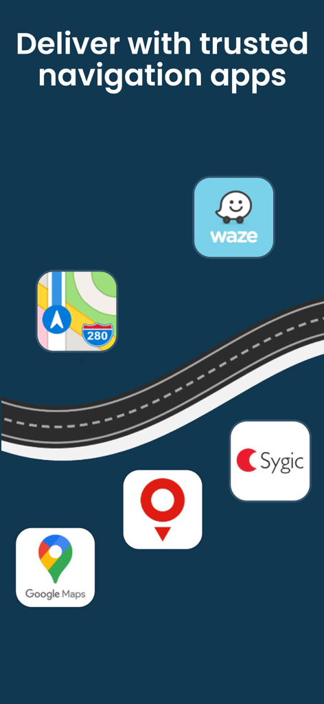 DelM8 UK Address Finder - Graphic showing DelM8 integration with trusted navigation apps like Waze Apple Maps Sygic and Google Maps