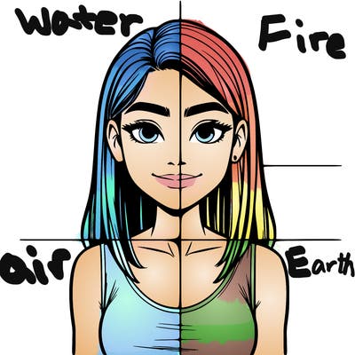 a single straight girl in the middle with no poses with a slight smile with eye’s pupil showing normal with lines splitting into 4, one from horizontally and one from vertically