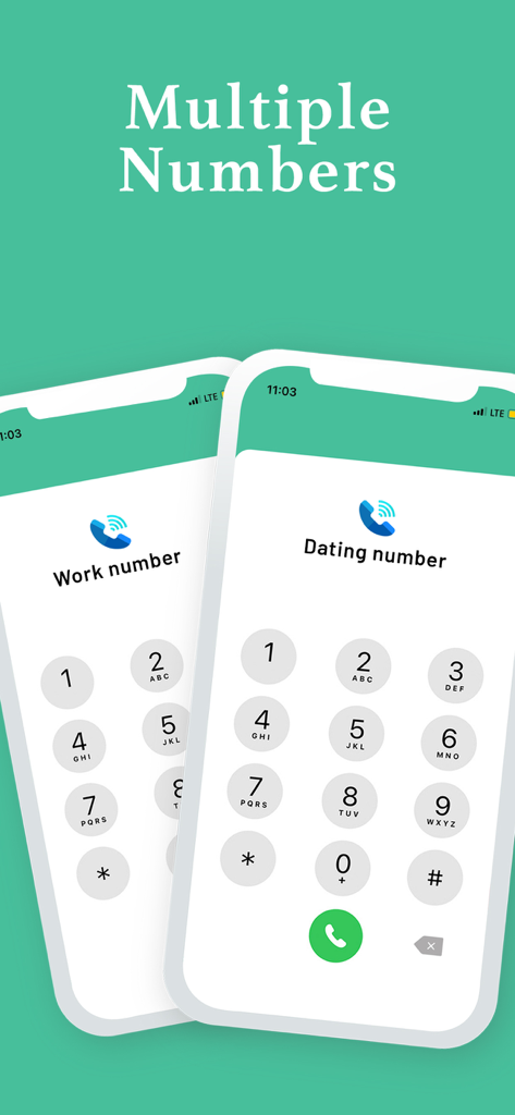 2nd Line, Second Phone Numbers - Interfaz de la aplicación móvil que muestra dos diales separados para números de teléfono de trabajo y de citas