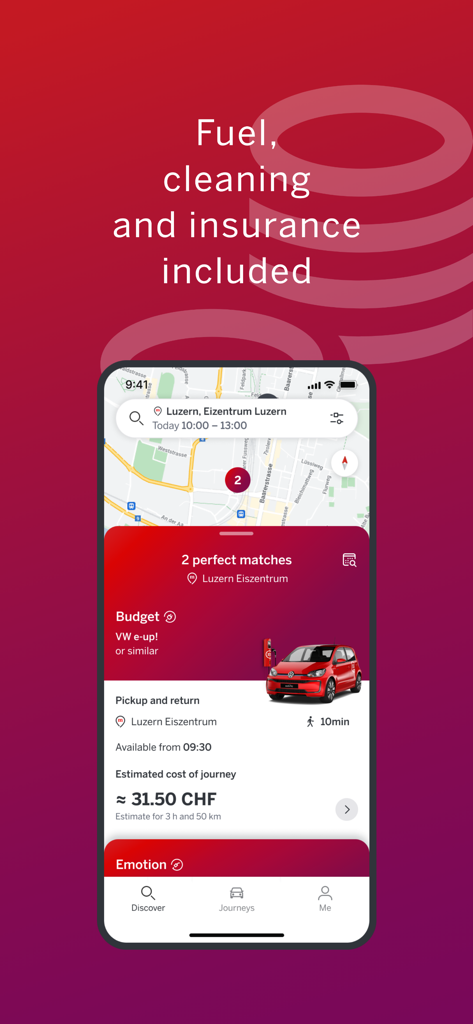 Mobility carsharing app interface showing car selection and journey cost estimate
