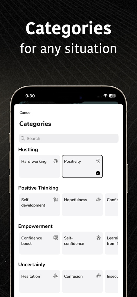 Motivation Daily Quotes - I AM - Interfaz de la aplicación Motivation I AM que muestra categorías para citas diarias y afirmaciones.