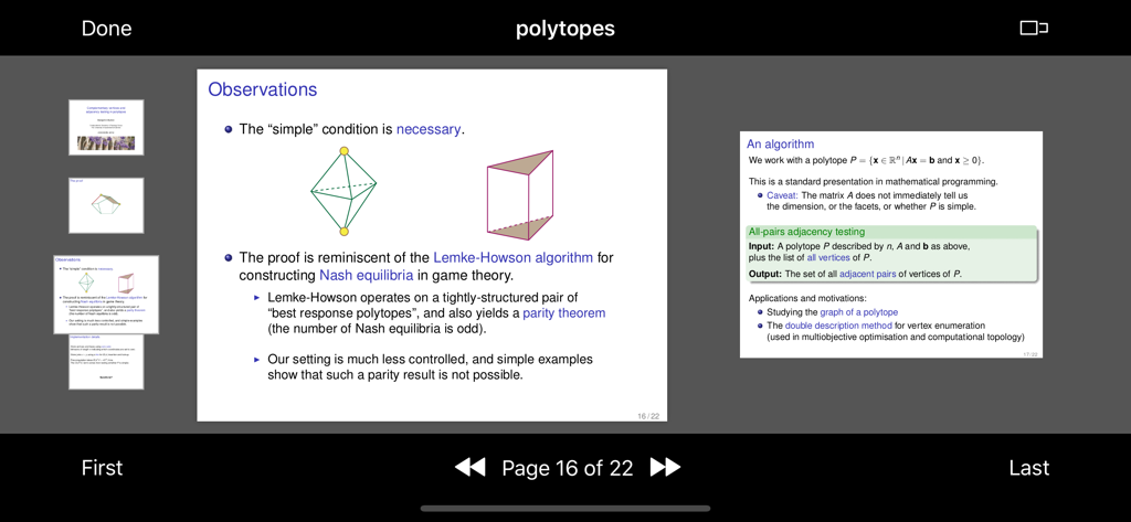 PDF Projector app interface on iPad showing current slide and next slide preview for a technical presentation