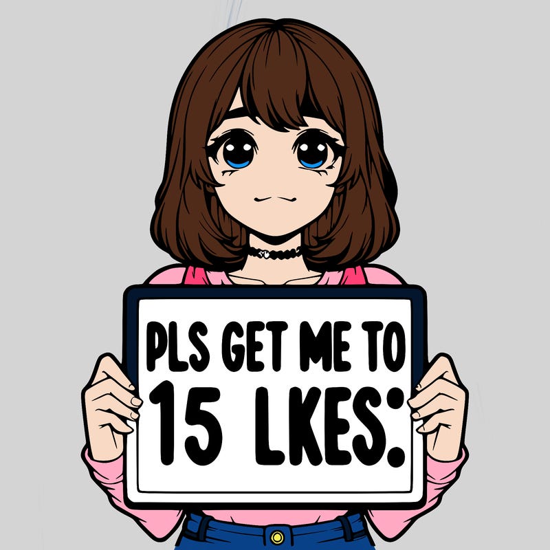 realistic girl holding up a sign that says “pls get me to 15 likes!”
