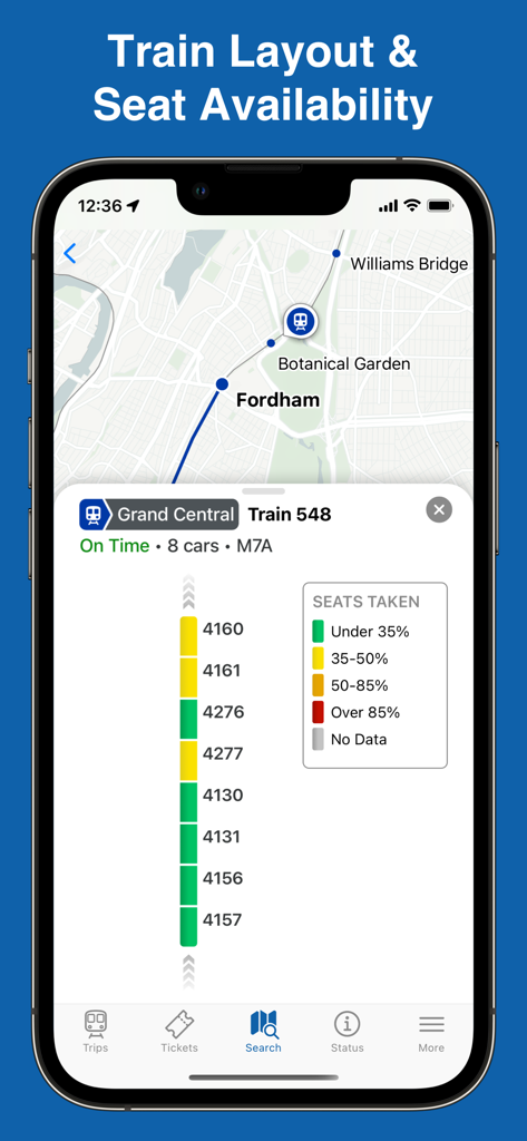MTA TrainTime app screen showing real-time train car occupancy and seat availability for commuters