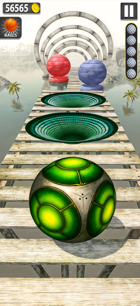 Rollance Sky Rolling Ball Game - Bola futurista verde rolando em uma ponte de madeira com obstáculos de funil.