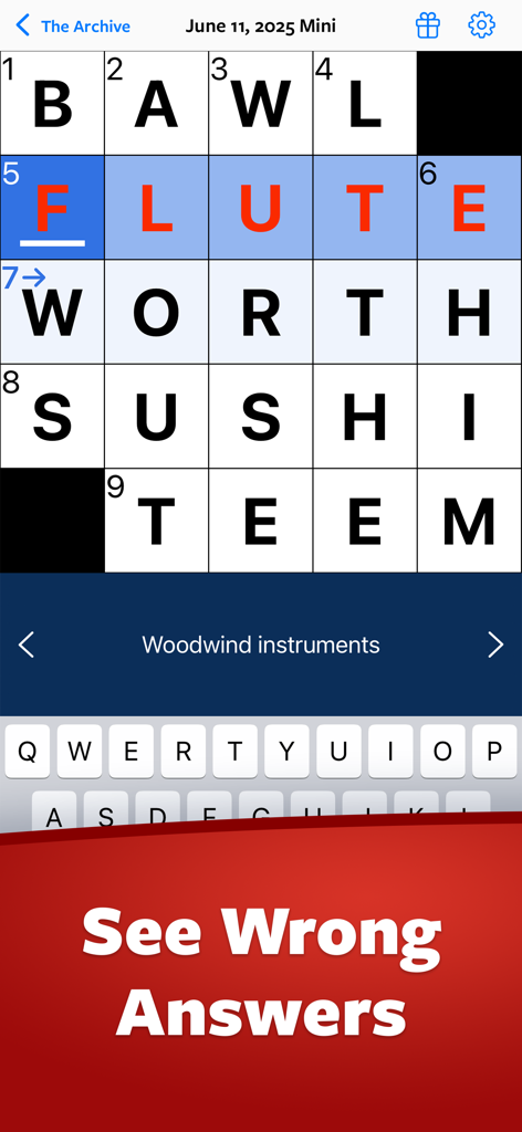 Mobile crossword puzzle game showing wrong answers highlighted in red with the autocheck feature