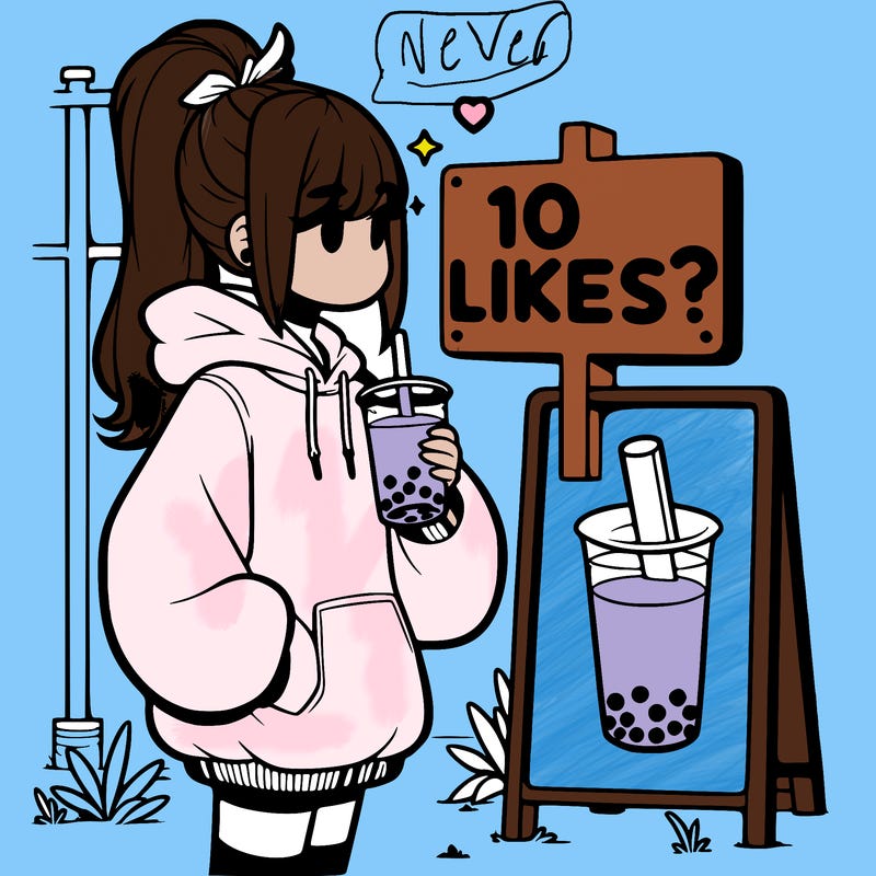 girl with oversized hoodie drinking boba and she has a high ponytail with a sign that says 10likes?