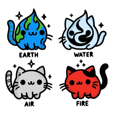 4 cats that represent the different elements, earth, water, air, and fire