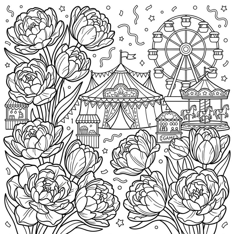 Experience the joyous fusion of nature's beauty and fairground excitement with this unique coloring page. Lush double tulips bloom vibrantly amidst a bustling carnival scene, ready for your creative touch.