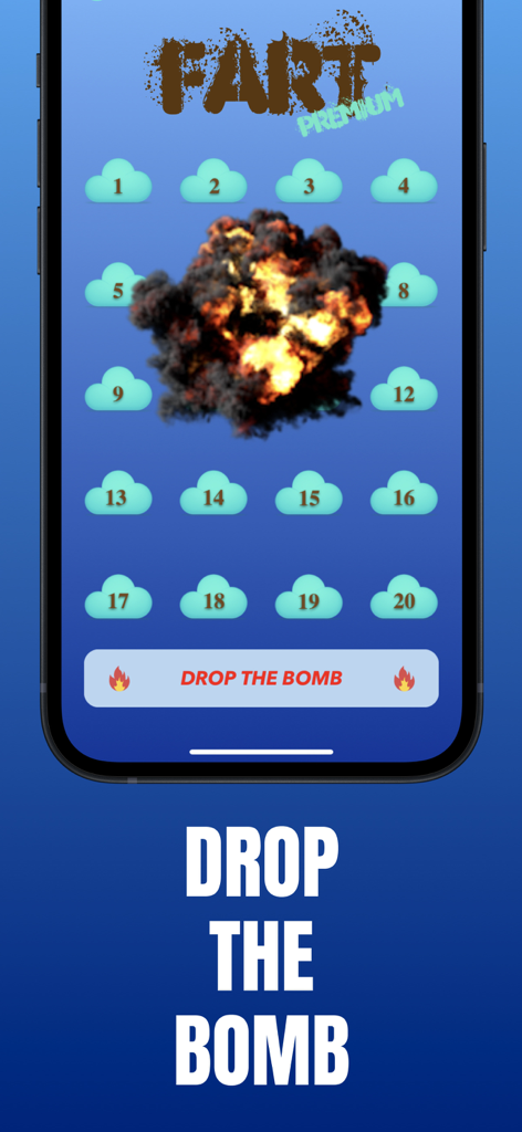 Fart World app interface showing the Drop the Bomb feature with an explosion graphic and numbered clouds.