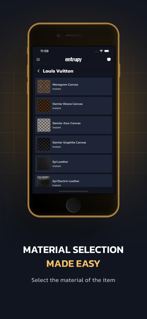 Entrupy app screen showing material selection options for Louis Vuitton authentication.