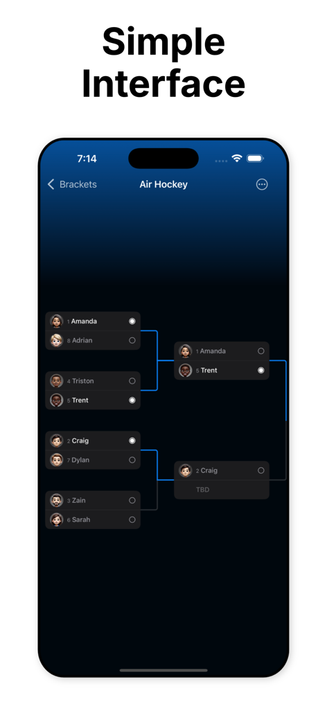 Bracket App - Bracket Appのシンプルなダークモードインターフェイス。エアホッケーのトーナメント表を表示。