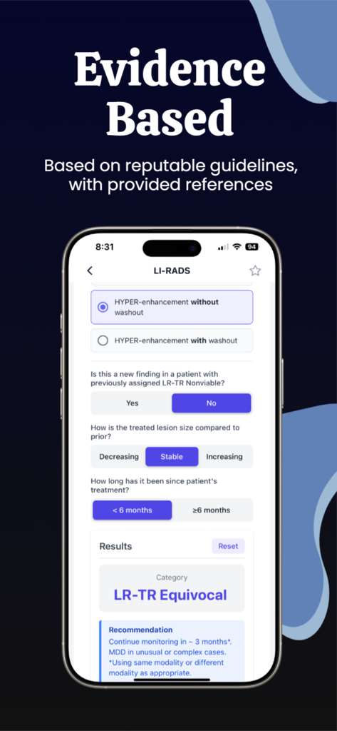 A mobile interface for the LI-RADS evidence-based scoring system in the Radiology Calculators app.