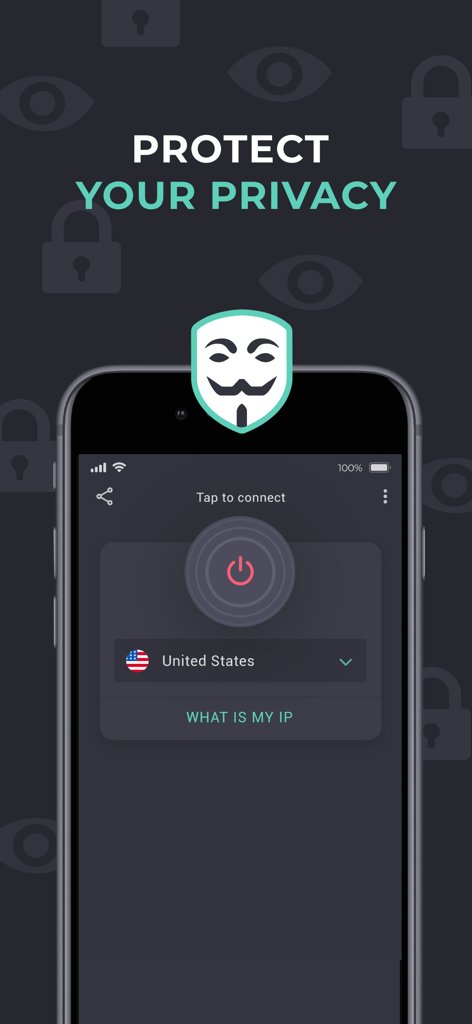 VPN Private - Interface do aplicativo VPN Private em um smartphone mostrando um botão de conexão de um toque e a localização do servidor dos Estados Unidos com o texto "proteja sua privacidade"