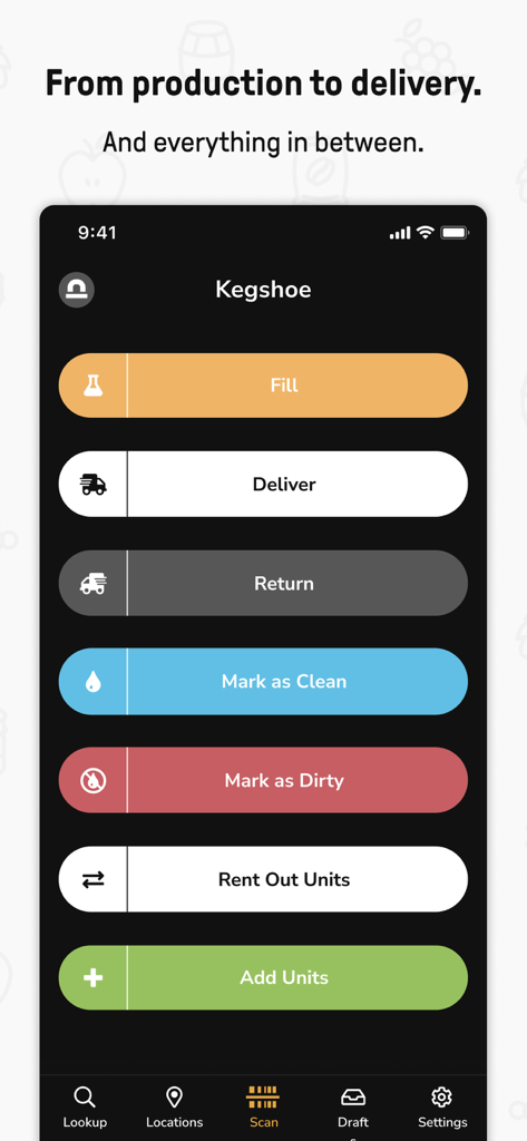 Kegshoe - Keg Tracking - Kegshoe mobile app dashboard displaying task-oriented buttons for filling delivering and returning kegs