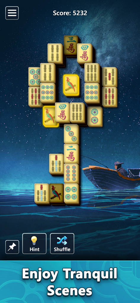 Mahjong by Microsoft gameplay with tiles over a tranquil boat scene