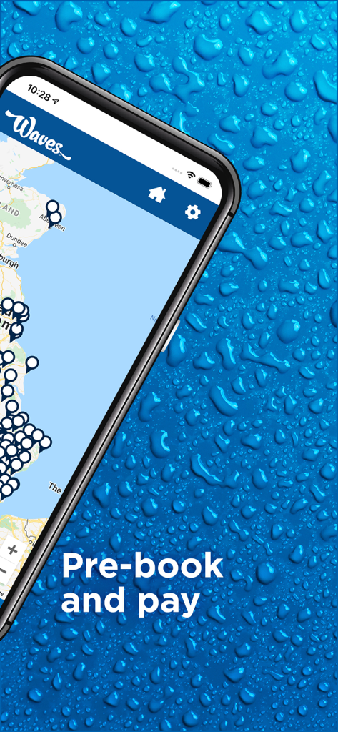 Waves Car Wash - ロケーションピンと事前予約・決済のテキストが表示されたWaves Car Washモバイルアプリの地図画面