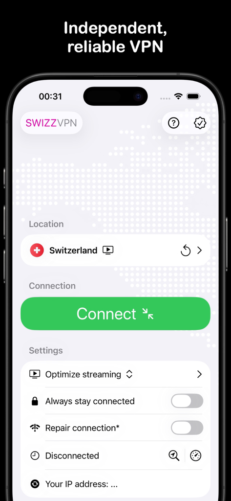 SwizzVPN: Super Fast VPN Proxy - SwizzVPN mobile app interface on an iPhone showing the main connection screen with a green connect button and Swiss server selected