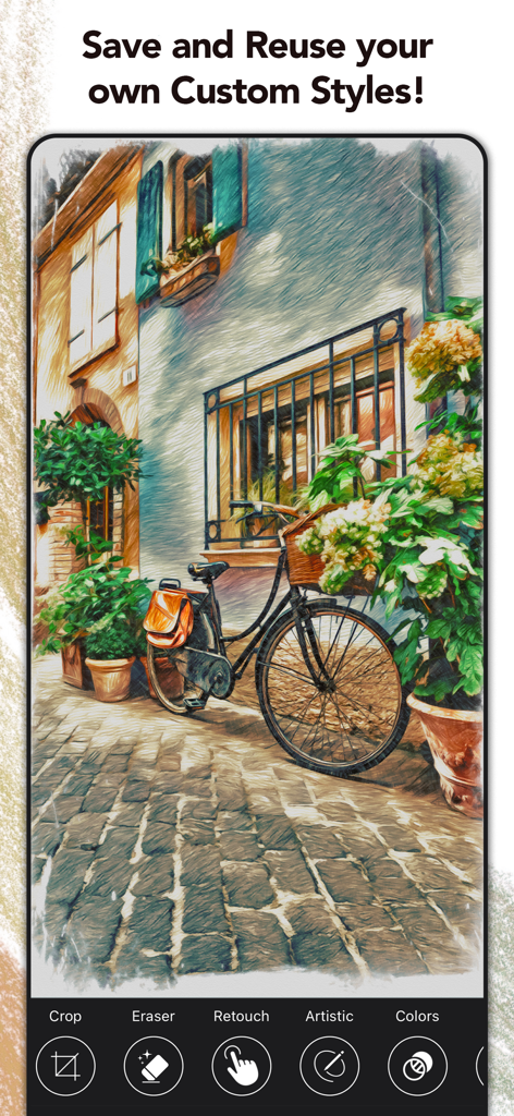 A bicycle leaning against a building transformed into a colorful pencil sketch using custom styles in the Graphite app