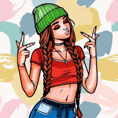 realistic teenage girl with braids and a beanie and crop top doing 🫶🏼