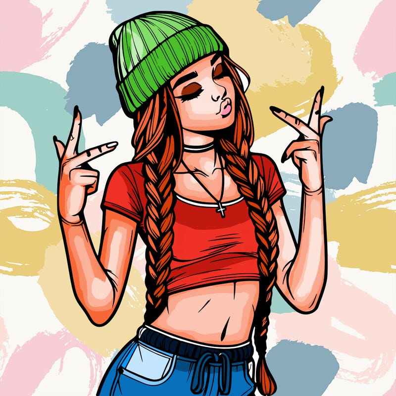 realistic teenage girl with braids and a beanie and crop top doing 🫶🏼