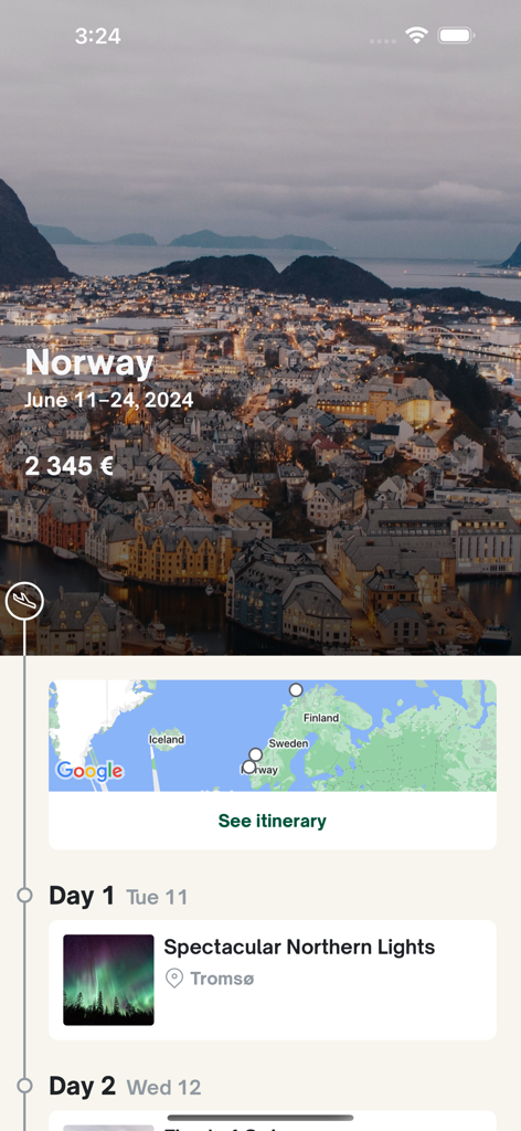 Detailed Norway travel itinerary on the Evaneos app featuring a map and daily schedule